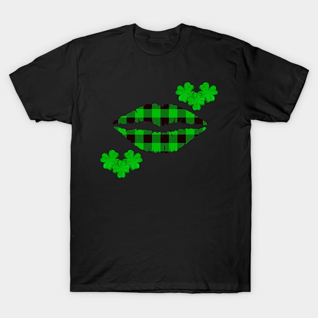 Buffalo Plaid Irish Kissing Lips with Shamrocks for Good Luck Charm Saint Patricks Day T-Shirt by Funkrafstik